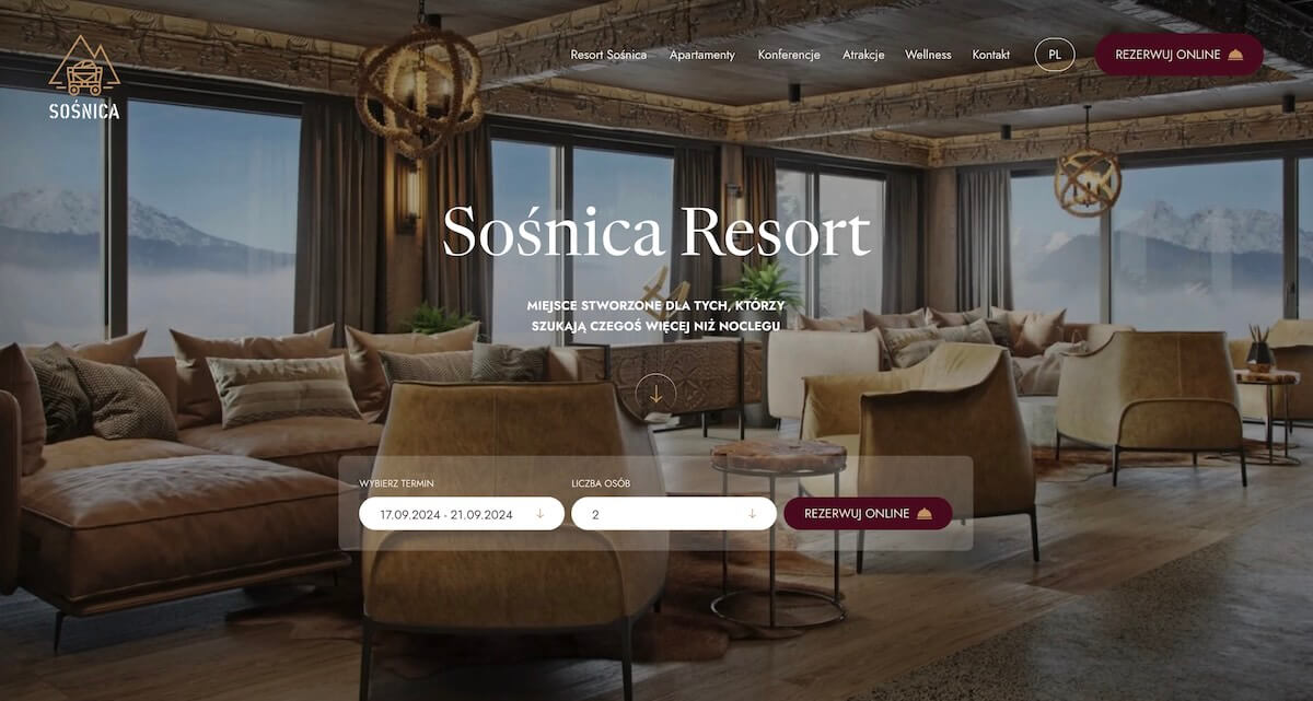 Strona główna Sośnica Resort and SPA z widokiem na Tatry i widgetem rezerwacyjnym